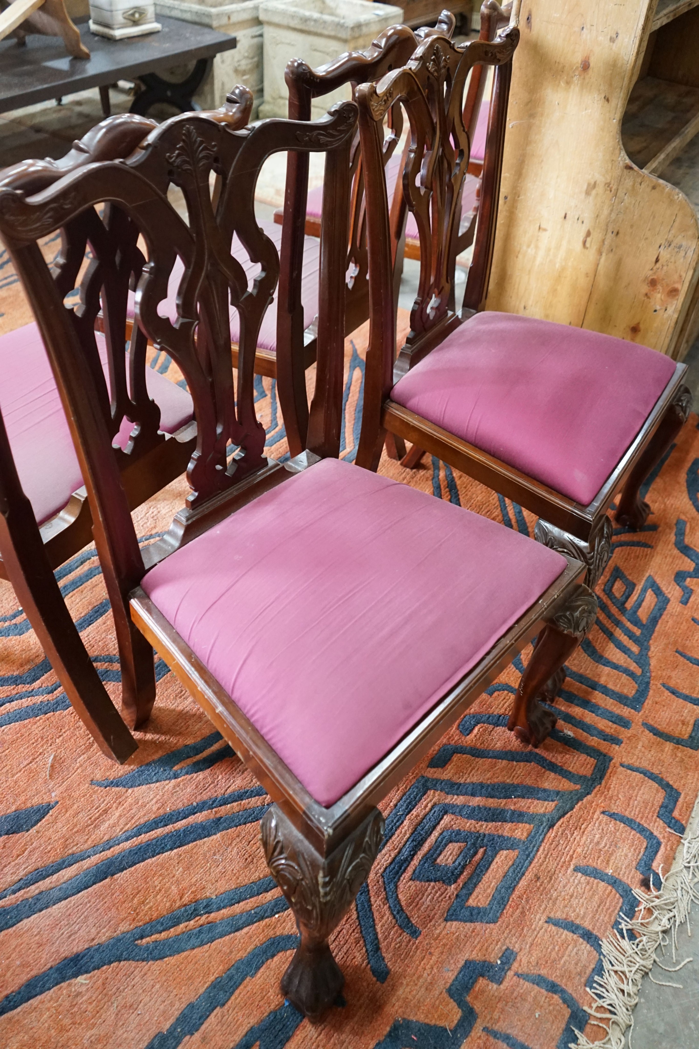 A set of six reproduction George III style mahogany dining chairs, width 64cm, depth 50cm, height 98cm